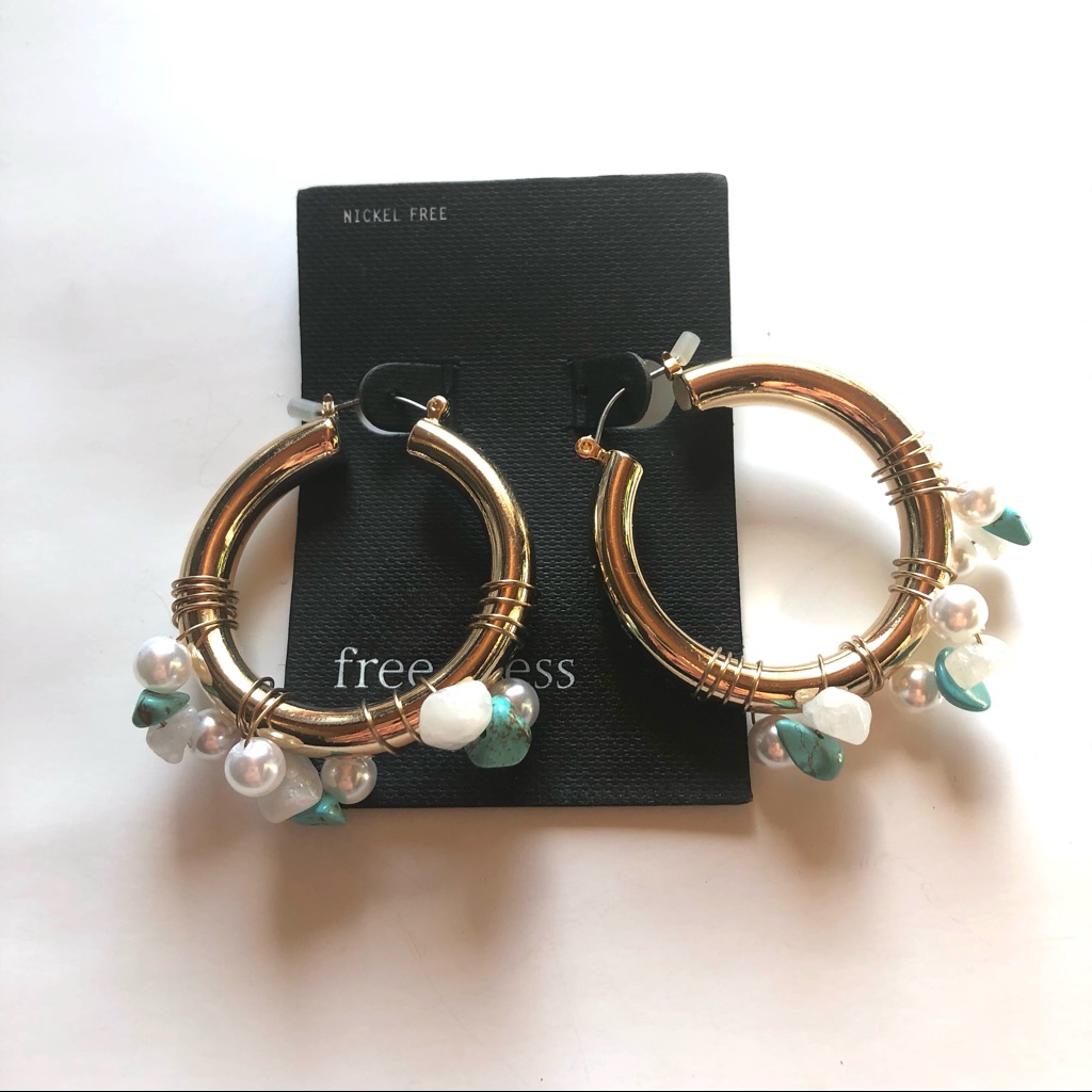 Free Press Gold Hoop Blue Stone Earrings